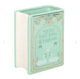 Myths, Fairytales & Legends Green Ceramic Flower Vase in the shape of an upright book. book worm lover gift bookish booktok readers gift for her romance style