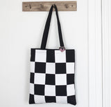 Checkerboard print tote bag heart enamel badge patterned alternate gothic book bag poly cotton