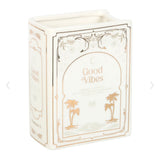 Good Vibes White Ceramic Flower Vase in the shape of an upright book. book worm lover gift bookish booktok readers gift for her romance style