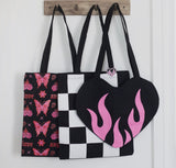 Checkerboard print tote bag heart enamel badge patterned alternate gothic book bag poly cotton