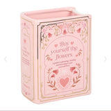 Pink Buy Yourself The Flowers Ceramic Flower Vase in the shape of an upright book. book worm lover gift bookish booktok readers gift for her romance style
