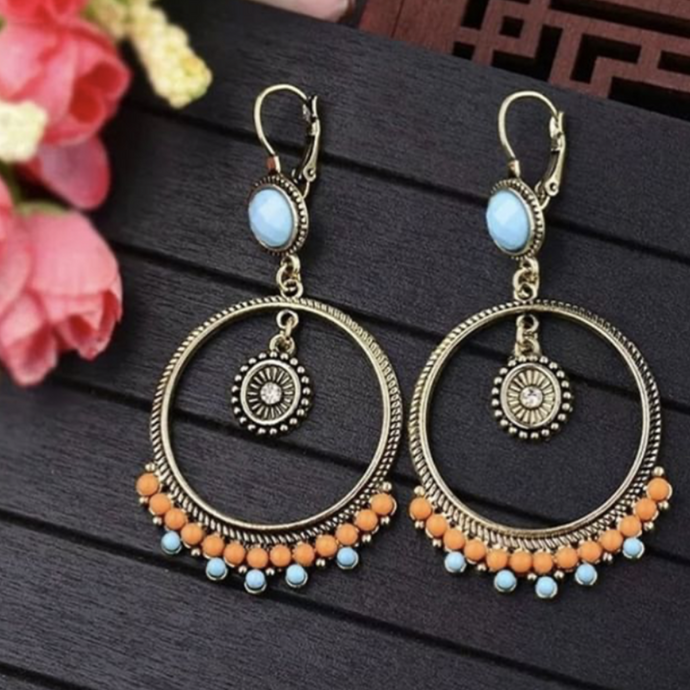 🌈 Boho Vintage Bronze Gypsy Beaded Orange Blue Turquoise  Hoop Earrings Design