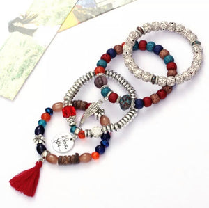 🌻 Chunky Red City Gypsy Tone 4 Piece Multilayer Tassel Bracelet