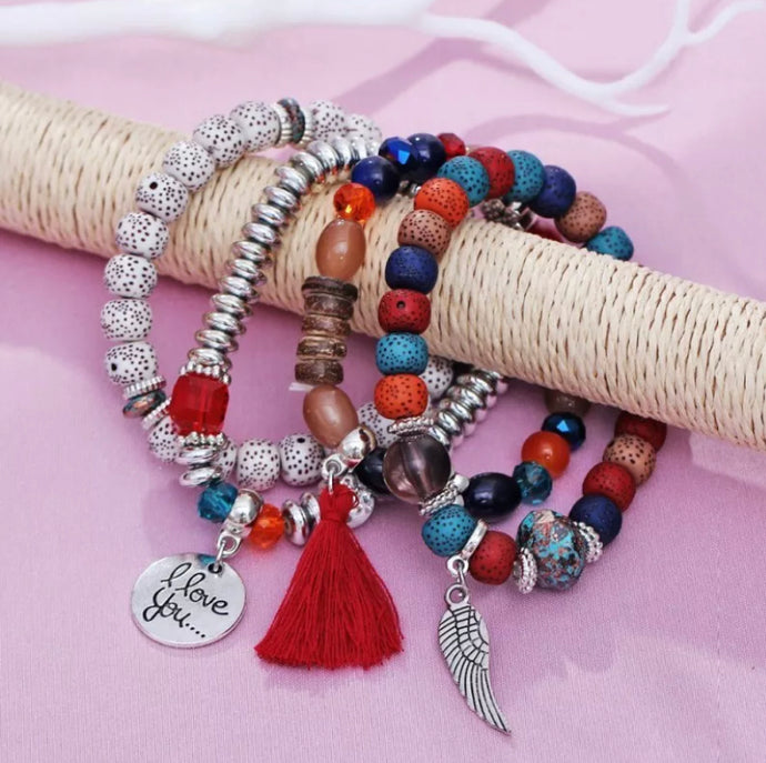 🌻 Chunky Red City Gypsy Tone 4 Piece Multilayer Tassel Bracelet