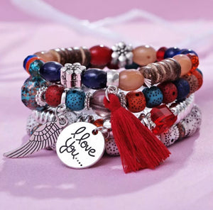 🌻 Chunky Red City Gypsy Tone 4 Piece Multilayer Tassel Bracelet