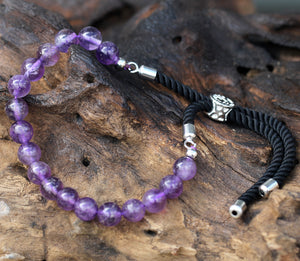 🌻 UNISEX 925 Silver Plated Gemstone Black String Bracelet - Amethyst