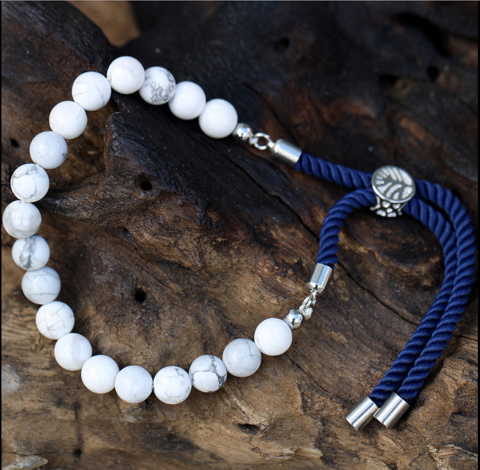 🌻 UNISEX 925 Silver Plated Gemstone Navy String Bracelet - White Howlite